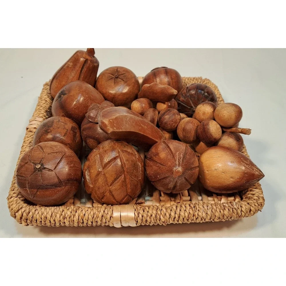 Vintage Hand Carved‎ Wooden Fruit Set with Woven Wicker Basket Centerpiece Decor